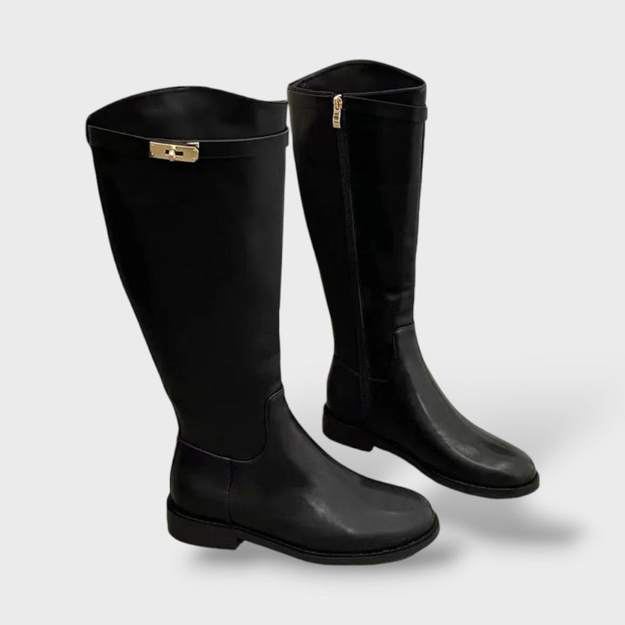 Botas Altas Retro con Cinturón – Tacón Grueso y Efecto Estilizador