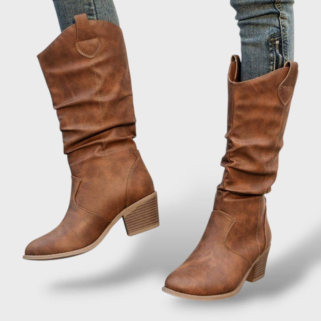 Botas Altas de Cuero Estilo Western para Mujer – Diseño Plisado con Tacón Grueso