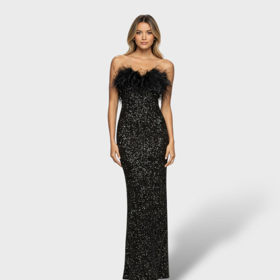 Vestido maxi lentejuelas plumas mujer